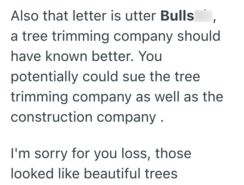 Also that letter is utter Bulls a tree trimming company should have known better. You potentially could sue the tree trimming company as well as the construction company. I'm sorry for you loss, those looked like beautiful trees