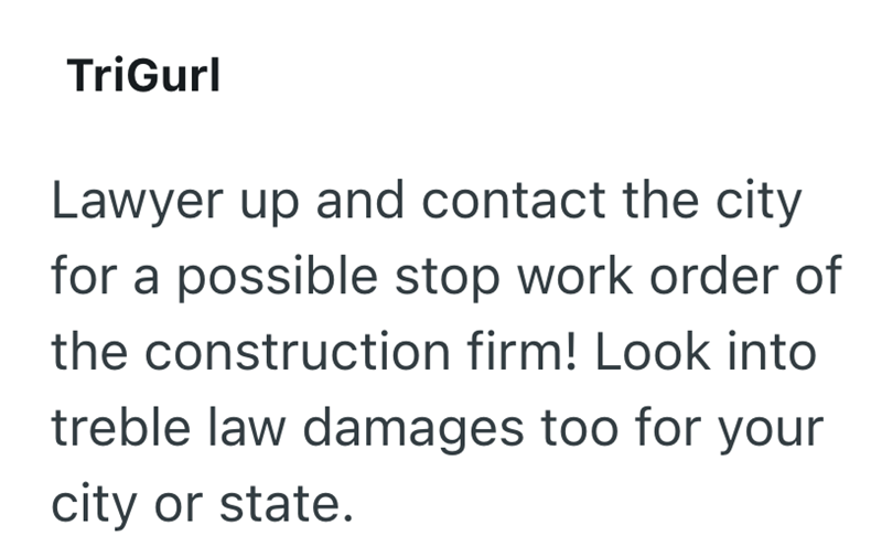 TriGurl Lawyer up and contact the city for a possible stop work order of the construction firm! Look into treble law damages too for your city or state.