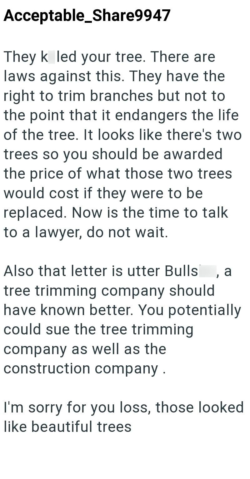Acceptable_Share9947 They k led your tree. There are laws against this. They have the right to trim branches but not to the point that it endangers the life of the tree. It looks like there's two trees so you should be awarded the price of what those two trees would cost if they were to be replaced. Now is the time to talk to a lawyer, do not wait. Also that letter is utter Bulls a tree trimming company should have known better. You potentially could sue the tree trimming company as well as the