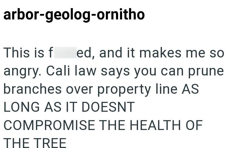 arbor-geolog-ornitho This is f ed, and it makes me so angry. Cali law says you can prune branches over property line AS LONG AS IT DOESNT COMPROMISE THE HEALTH OF THE TREE
