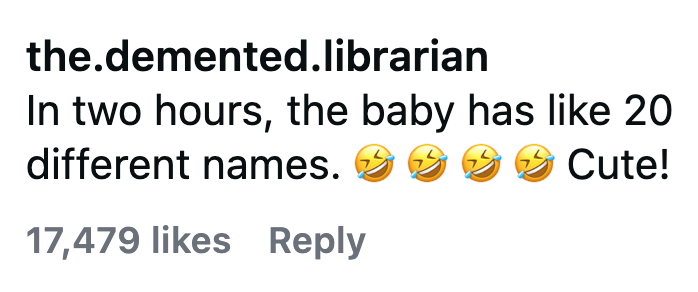 the.demented.librarian In two hours, the baby has like 20 different names. 17,479 likes Reply Cute!