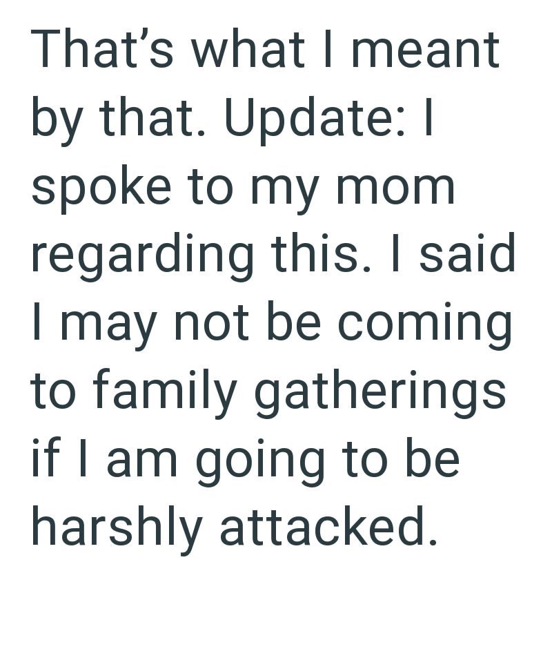 That's what I meant by that. Update: I spoke to my mom regarding this. I said. I may not be coming to family gatherings if I am going to be harshly attacked.