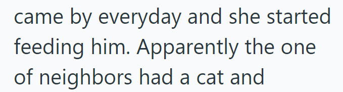 came by everyday and she started feeding him. Apparently the one of neighbors had a cat and