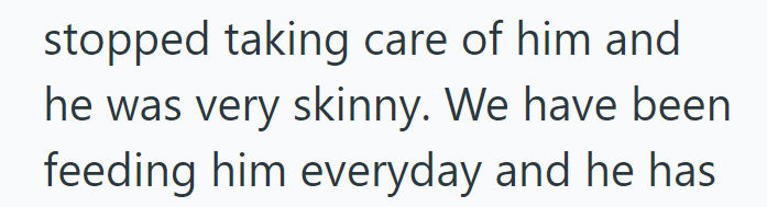 stopped taking care of him and he was very skinny. We have been feeding him everyday and he has