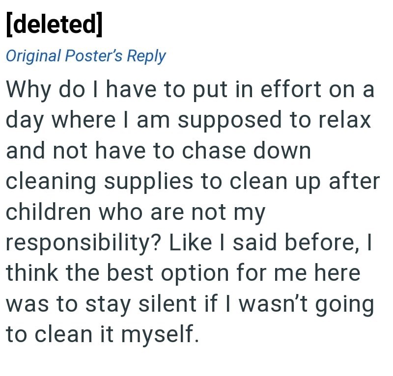 [deleted] Original Poster's Reply Why do I have to put in effort on a day where I am supposed to relax and not have to chase down cleaning supplies to clean up after children who are not my responsibility? Like I said before, I think the best option for me here was to stay silent if I wasn't going to clean it myself.