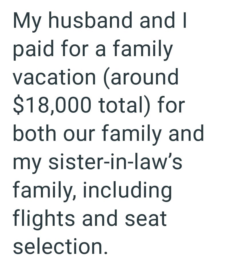 My husband and I paid for a family vacation (around $18,000 total) for both our family and my sister-in-law's family, including flights and seat selection.