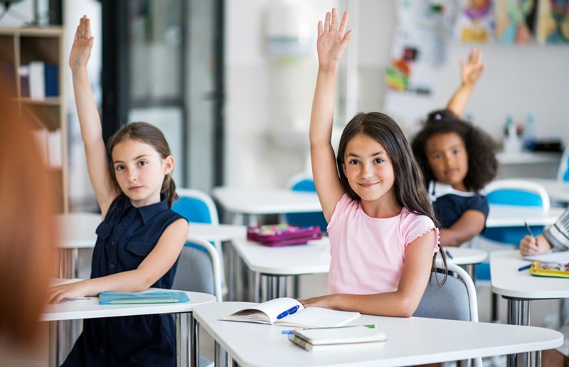 Small school children sitting at the desk in classroom raising their hands during the lesson