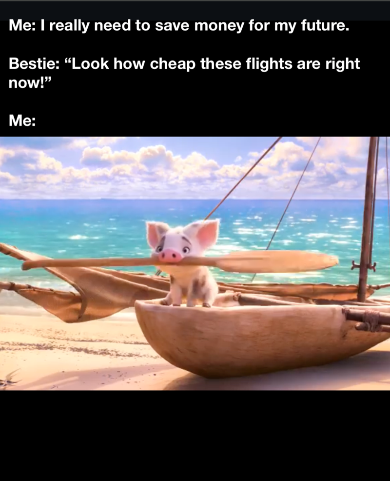 Me: I really need to save money for my future. Bestie: "Look how cheap these flights are right now!" Me: