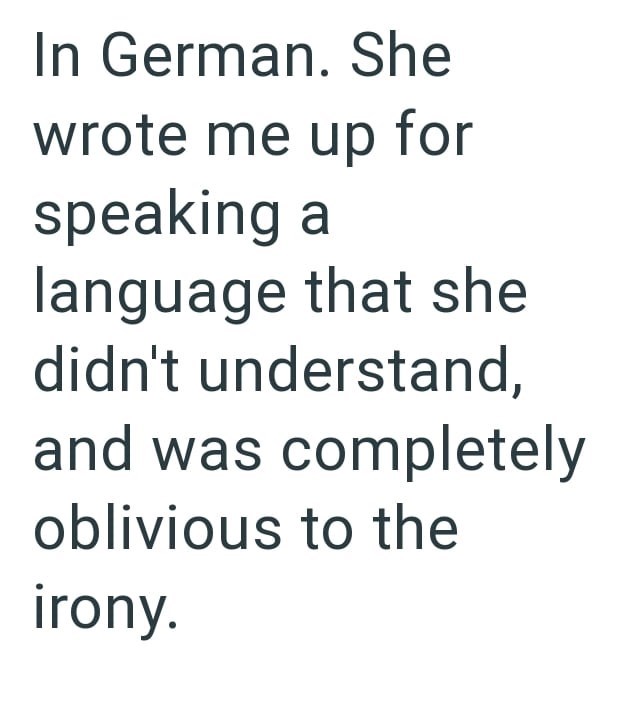 In German. She wrote me up for speaking a language that she didn't understand, and was completely oblivious to the irony.
