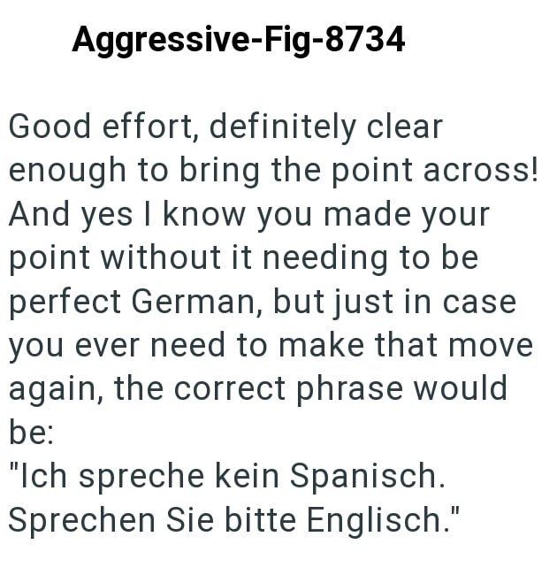 Aggressive-Fig-8734 Good effort, definitely clear enough to bring the point across! And yes I know you made your point without it needing to be perfect German, but just in case you ever need to make that move again, the correct phrase would be: "Ich spreche kein Spanisch. Sprechen Sie bitte Englisch."