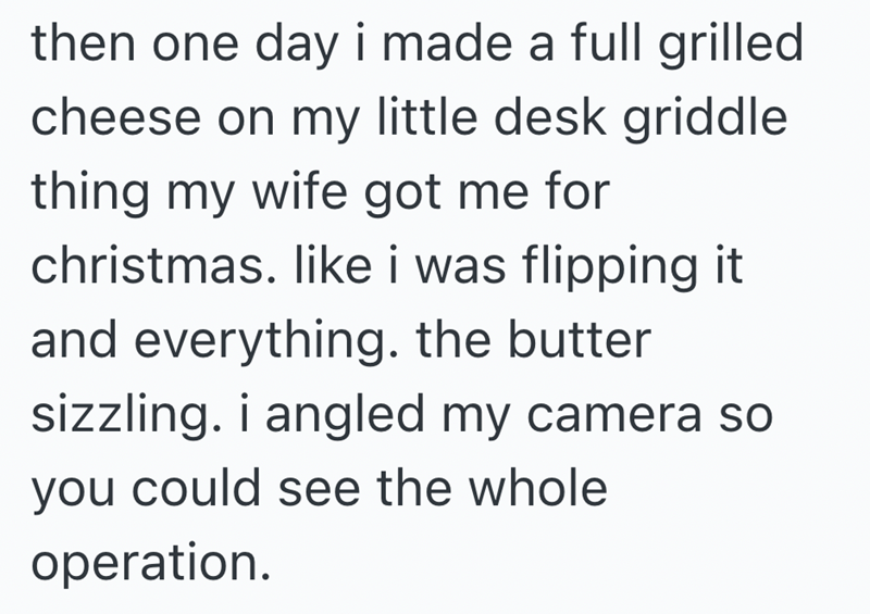 then one day i made a full grilled cheese on my little desk griddle thing my wife got me for christmas. like i was flipping it and everything. the butter sizzling. i angled my camera so you could see the whole operation.