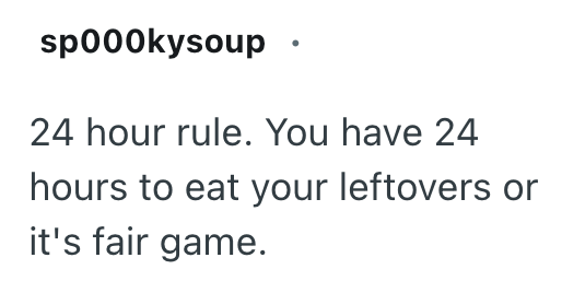 sp000kysoup 24 hour rule. You have 24 hours to eat your leftovers or it's fair game.