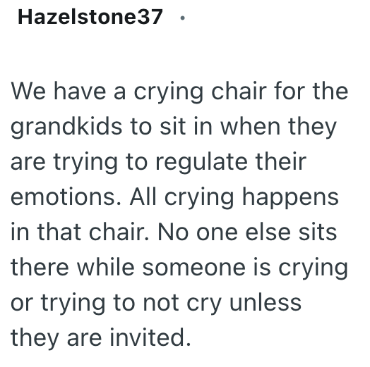 Hazelstone37 . We have a crying chair for the grandkids to sit in when they are trying to regulate their emotions. All crying happens in that chair. No one else sits there while someone is crying or trying to not cry unless they are invited.
