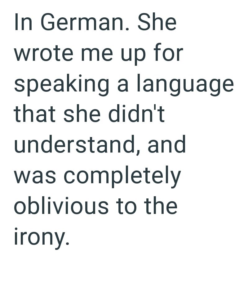 In German. She wrote me up for speaking a language that she didn't understand, and was completely oblivious to the irony.