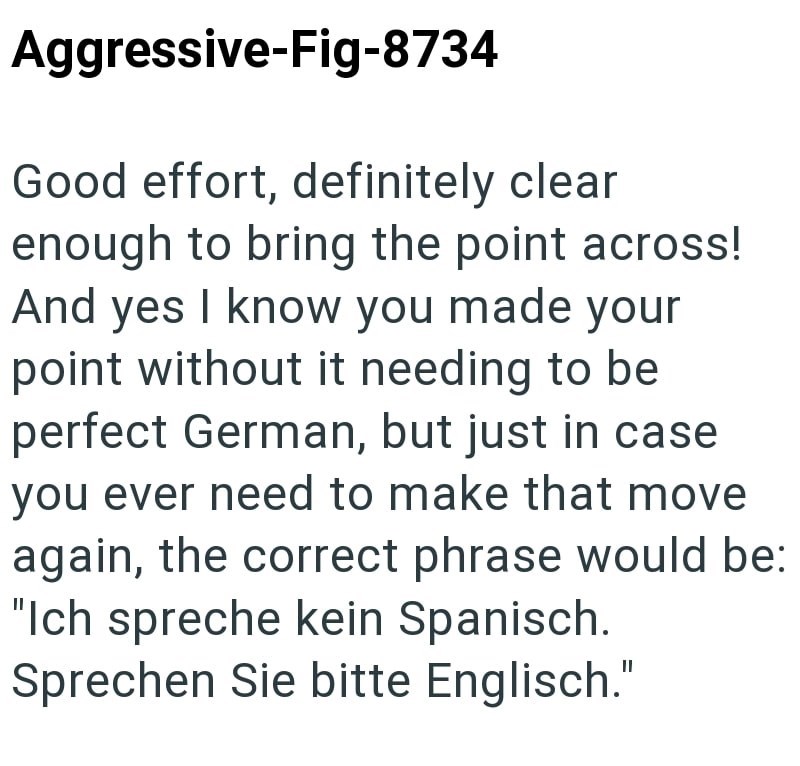 Aggressive-Fig-8734 Good effort, definitely clear enough to bring the point across! And yes I know you made your point without it needing to be perfect German, but just in case you ever need to make that move again, the correct phrase would be: "Ich spreche kein Spanisch. Sprechen Sie bitte Englisch."