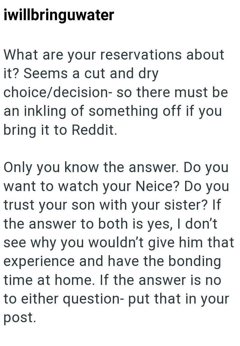 iwillbringuwater What are your reservations about it? Seems a cut and dry choice/decision- so there must be an inkling of something off if you bring it to Reddit. Only you know the answer. Do you want to watch your Neice? Do you trust your son with your sister? If the answer to both is yes, I don't see why you wouldn't give him that experience and have the bonding time at home. If the answer is no to either question- put that in your post.