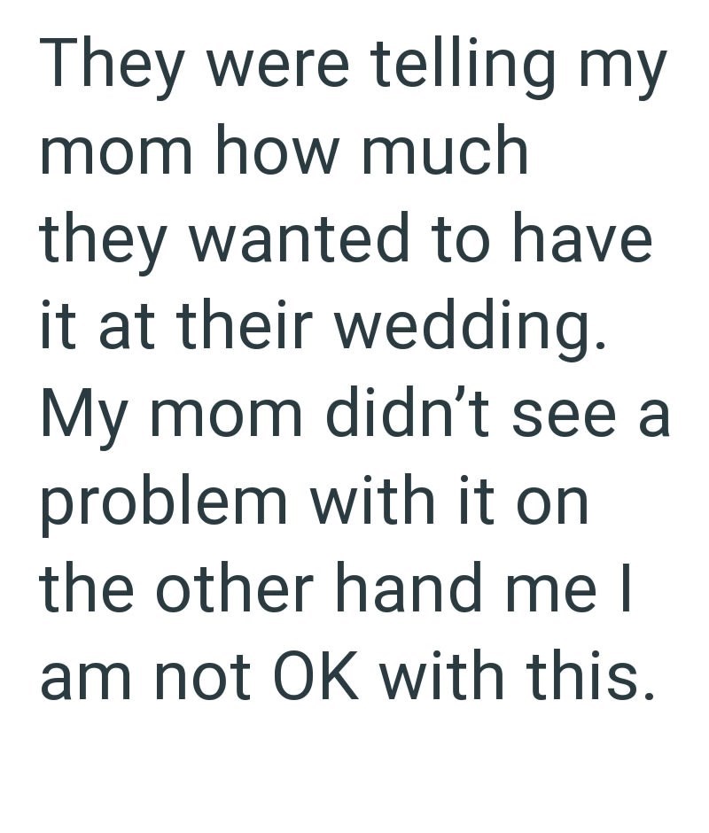 They were telling my mom how much they wanted to have it at their wedding. My mom didn't see a problem with it on the other hand me I am not OK with this.