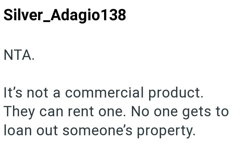 Silver_Adagio138 NTA. It's not a commercial product. They can rent one. No one gets to loan out someone's property.