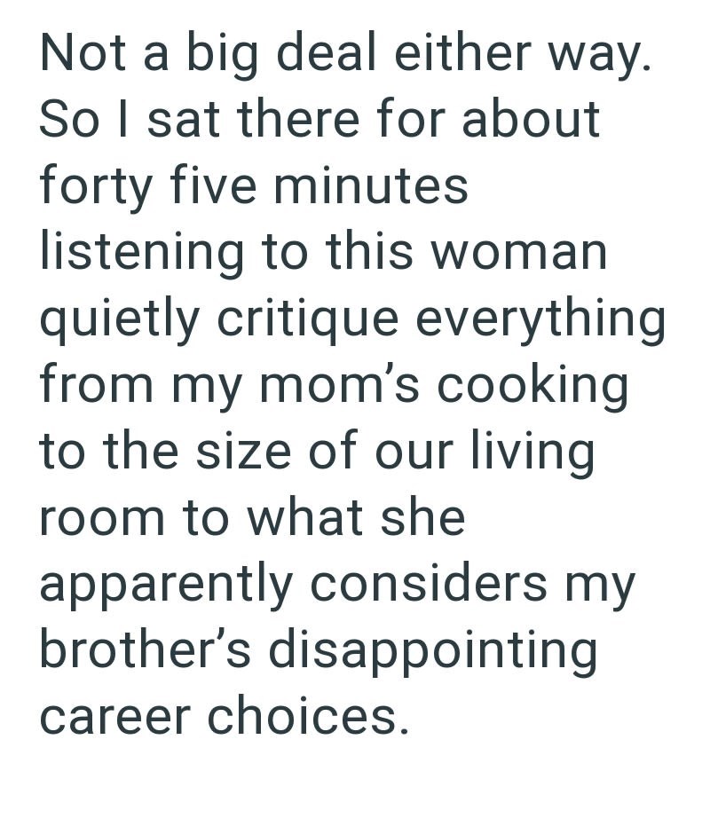 Not a big deal either way. So I sat there for about forty five minutes listening to this woman quietly critique everything from my mom's cooking to the size of our living room to what she apparently considers my brother's disappointing career choices.