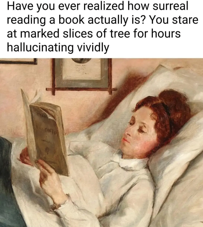 Have you ever realized how surreal reading a book actually is? You stare at marked slices of tree for hours hallucinating vividly