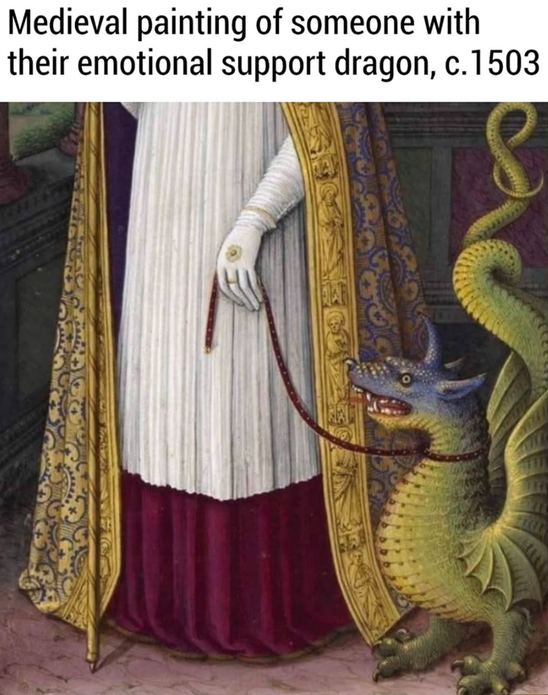 Medieval painting of someone with their emotional support dragon, c. 1503