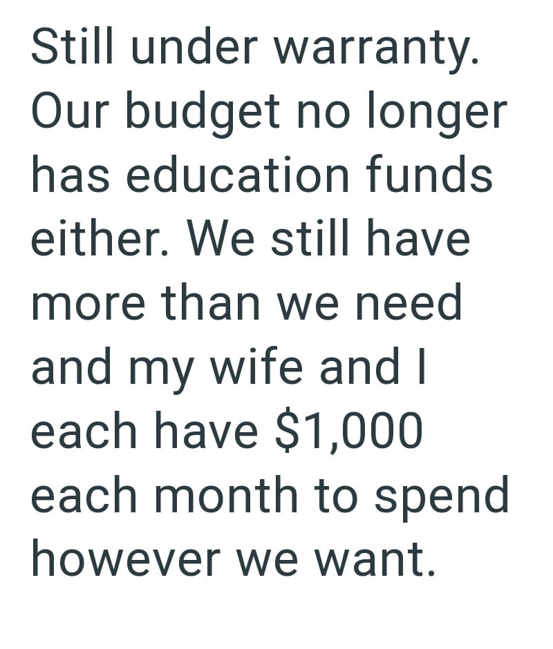 Still under warranty. Our budget no longer has education funds either. We still have more than we need and my wife and I each have $1,000 each month to spend however we want.