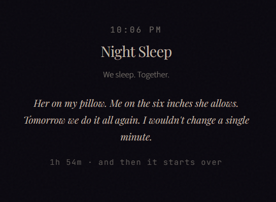 10:06 PM Night Sleep We sleep. Together. Her on my pillow. Me on the six inches she allows. Tomorrow we do it all again. I wouldn't change a single minute. 1h 54m and then it starts over