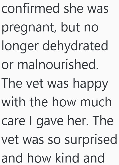 confirmed she was pregnant, but no longer dehydrated or malnourished. The vet was happy with the how much care I gave her. The vet was so surprised and how kind and