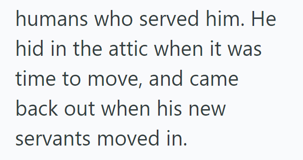 humans who served him. He hid in the attic when it was time to move, and came back out when his new servants moved in.