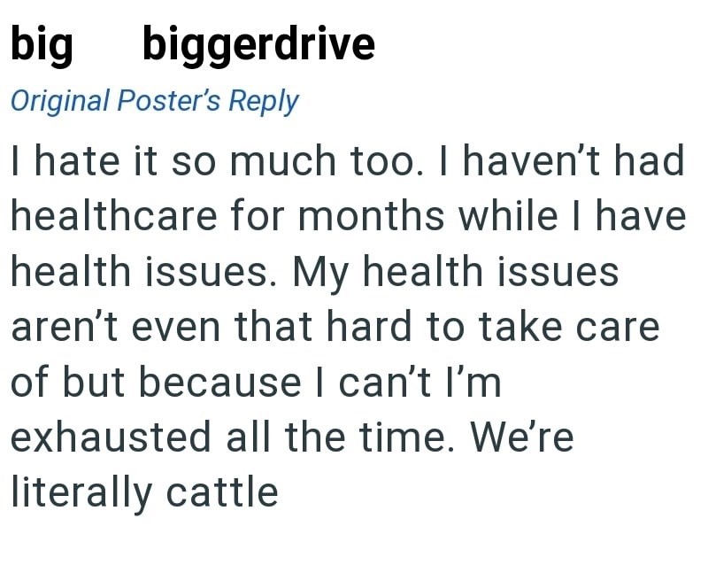 big biggerdrive Original Poster's Reply I hate it so much too. I haven't had healthcare for months while I have health issues. My health issues aren't even that hard to take care of but because I can't I'm exhausted all the time. We're literally cattle