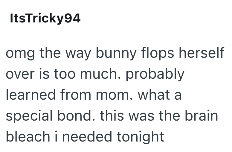 ItsTricky94 omg the way bunny flops herself over is too much. probably learned from mom. what a special bond. this was the brain bleach i needed tonight