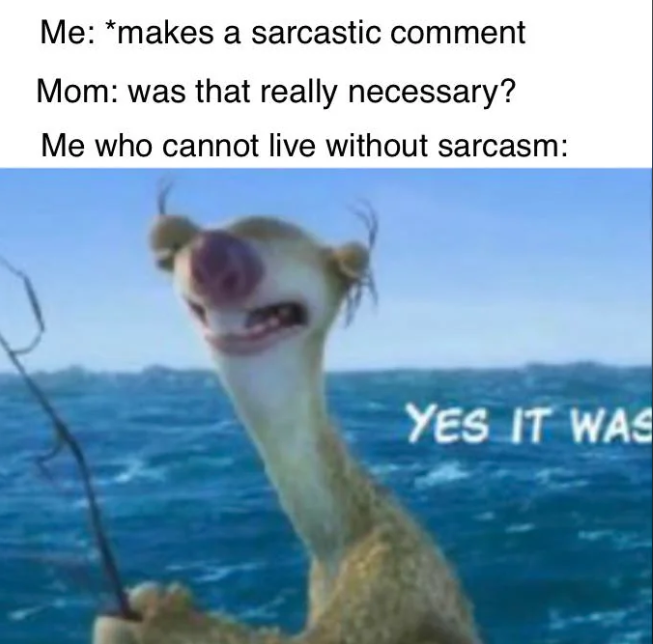 Me: *makes a sarcastic comment Mom: was that really necessary? Me who cannot live without sarcasm: YES IT WAS