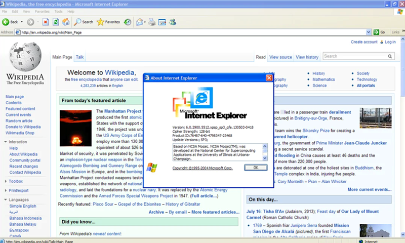 Wikipedia, the free encyclopedia - Microsoft Internet Explorer File Edit View Back- Favorites Tools Help Address http://en.wikipedia.org/wiki/Main_Page Search Favorites Go Links WIKIPEDIA The Free Encyclopedia Main page Contents Featured content Current events Random article Donate to Wikipedia Wikimedia Shop Interaction Help About Wikipedia Community portal Recent changes Contact Wikipedia ▸ Toolbox ▸ Print/export ▼Languages Simple English العربية Bahasa Indonesia Bahasa Melayu Български Català