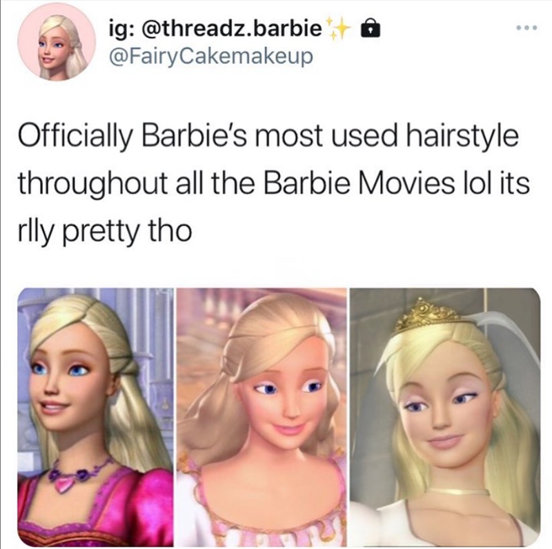 ig: @threadz.barbie @FairyCakemakeup Officially Barbie's most used hairstyle throughout all the Barbie Movies lol its rlly pretty tho