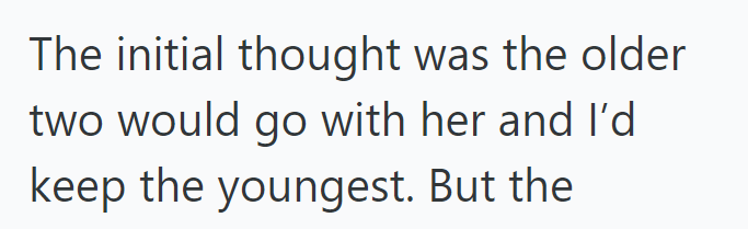 The initial thought was the older two would go with her and I'd keep the youngest. But the