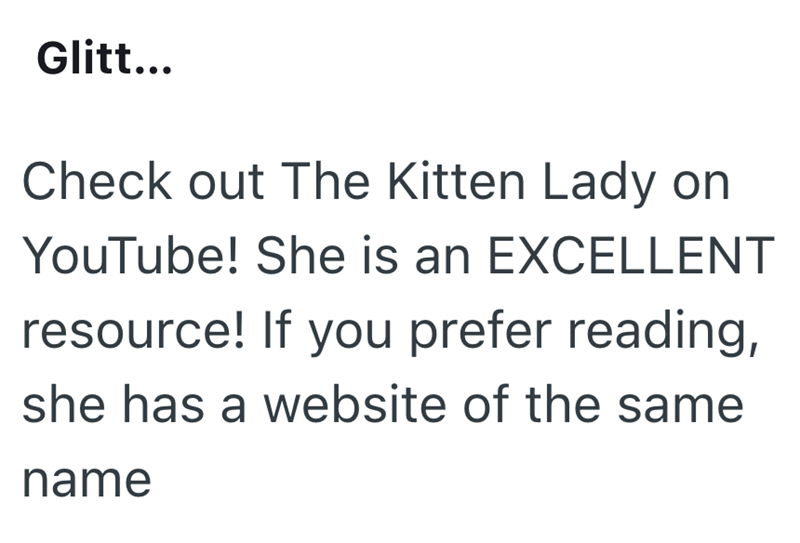Glitt... Check out The Kitten Lady on YouTube! She is an EXCELLENT resource! If you prefer reading, she has a website of the same name