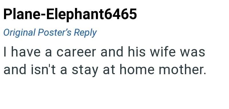 Plane-Elephant6465 Original Poster's Reply I have a career and his wife was and isn't a stay at home mother.