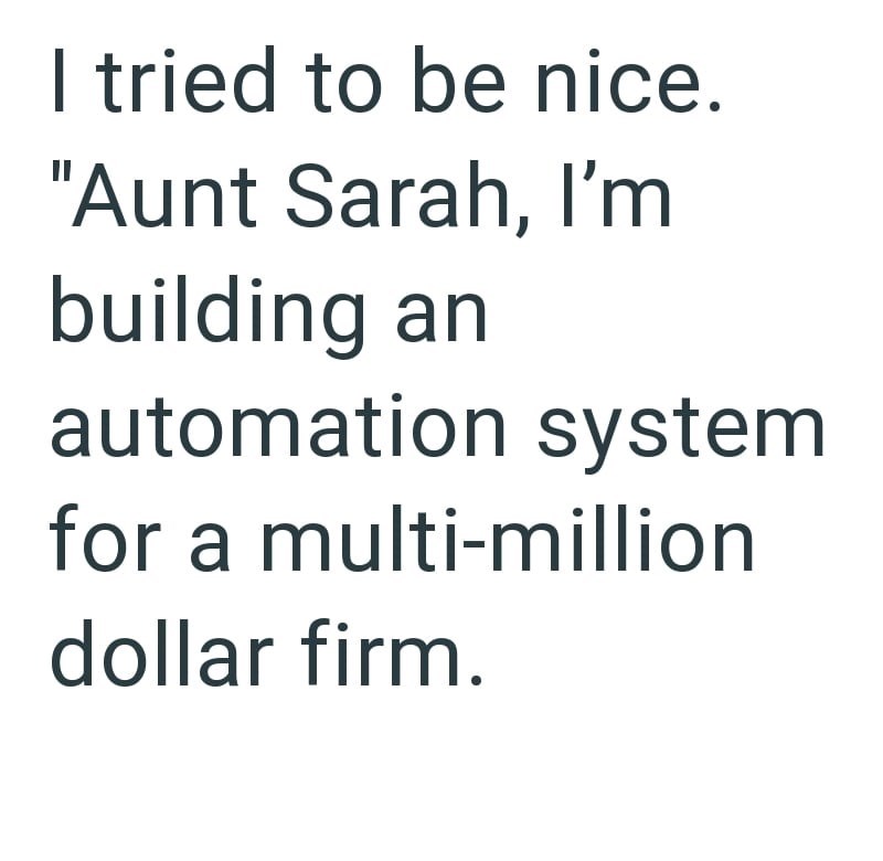 I tried to be nice. "Aunt Sarah, I'm building an automation system for a multi-million dollar firm.