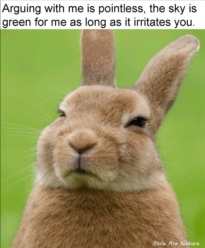 Arguing with me is pointless, the sky is green for me as long as it irritates you. @We Are Nature