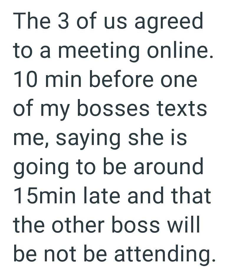 The 3 of us agreed to a meeting online. 10 min before one of my bosses texts me, saying she is going to be around 15min late and that the other boss will be not be attending.