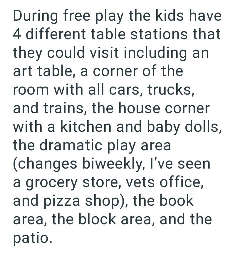 During free play the kids have 4 different table stations that they could visit including an art table, a corner of the room with all cars, trucks, and trains, the house corner with a kitchen and baby dolls, the dramatic play area (changes biweekly, I've seen a grocery store, vets office, and pizza shop), the book area, the block area, and the patio.