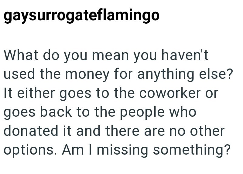 gaysurrogateflamingo What do you mean you haven't used the money for anything else? It either goes to the coworker or goes back to the people who donated it and there are no other options. Am I missing something?