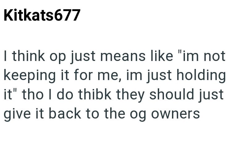 Kitkats677 I think op just means like "im not keeping it for me, im just holding it" tho I do thibk they should just give it back to the og owners
