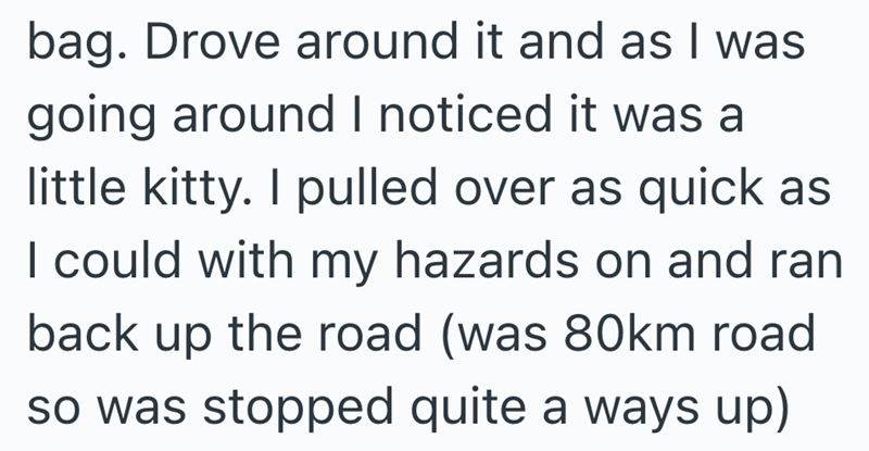 bag. Drove around it and as I was going around I noticed it was a little kitty. I pulled over as quick as I could with my hazards on and ran back up the road (was 80km road so was stopped quite a ways up)