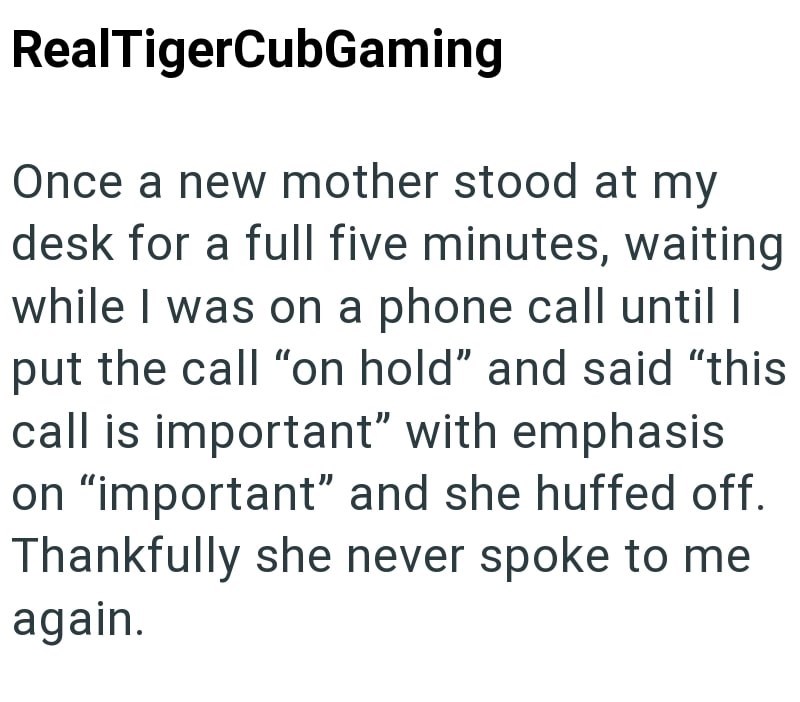 RealTigerCubGaming Once a new mother stood at my desk for a full five minutes, waiting while I was on a phone call until I put the call "on hold" and said "this call is important" with emphasis on "important" and she huffed off. Thankfully she never spoke to me again.