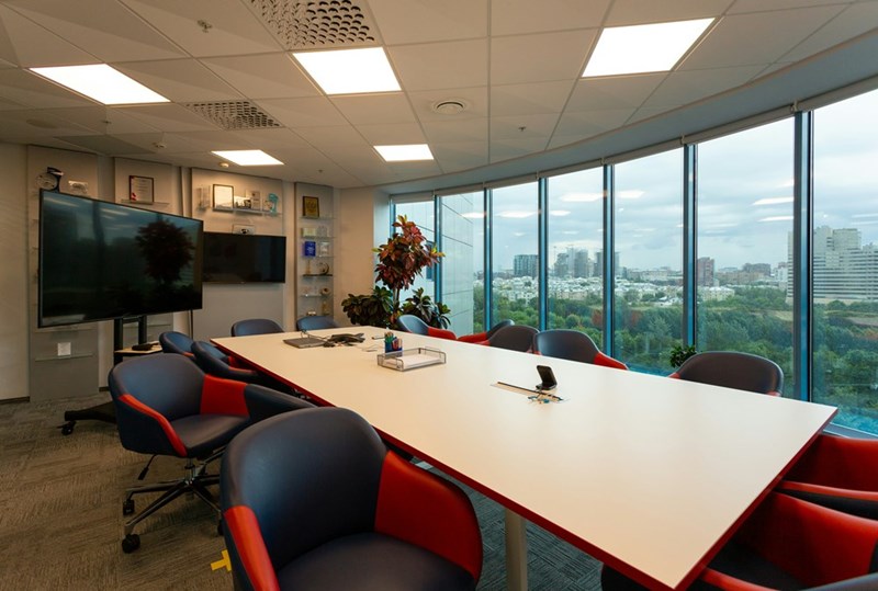 Conference room with red chairs
