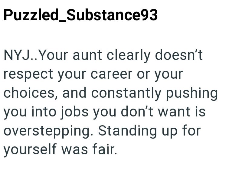 Puzzled_Substance93 NYJ..Your aunt clearly doesn't respect your career or your choices, and constantly pushing you into jobs you don't want is overstepping. Standing up for yourself was fair.