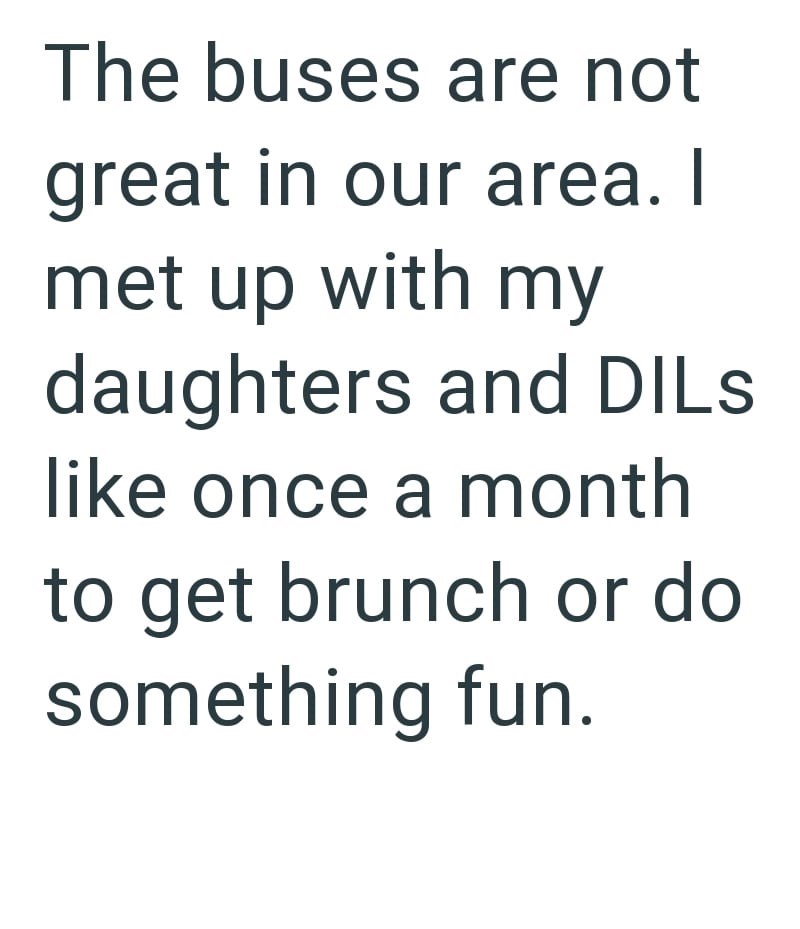 The buses are not great in our area. I met up with my daughters and DILs like once a month to get brunch or do something fun.