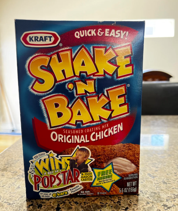 KRAFT QUICK & EASY! SHAKE BAKE YOU COULD SEASONED COATING MIX ORIGINAL CHICKEN POPSTAR or one of 10,000 ekara Karaoke Machines! meet FREE AARON CARTER INSIDE Aarea Carter Racks Bereal Card Set back Pareve SERVING SUGGESTION NET WT 5.5 OZ (155g)