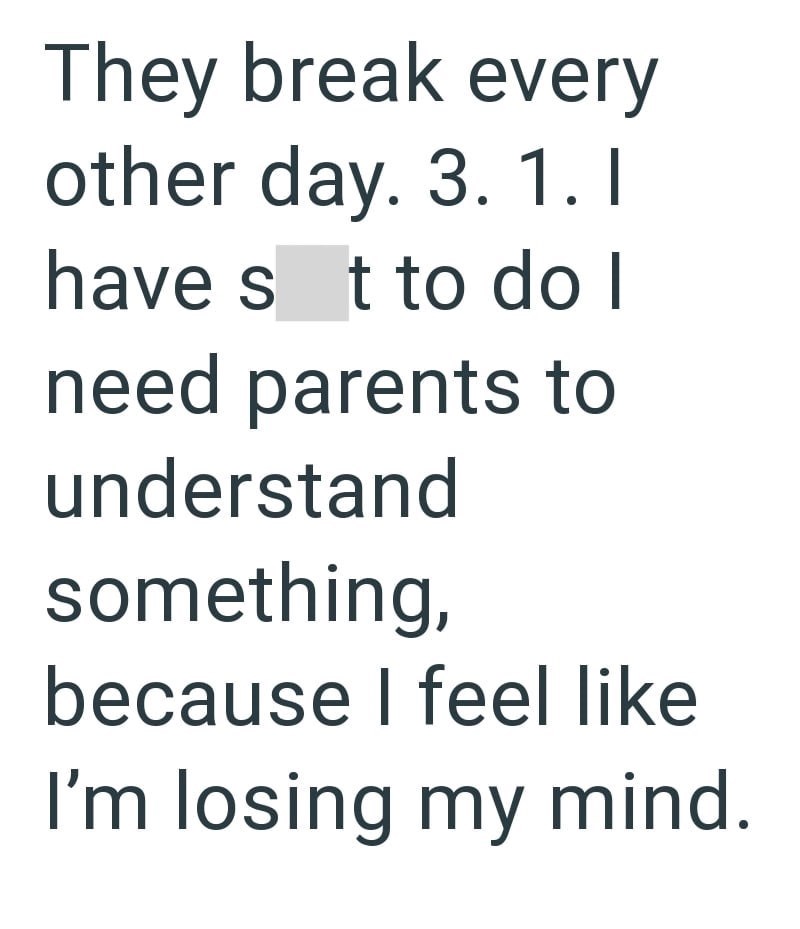They break every other day. 3. 1.1 have s t to do I need parents to understand something, because I feel like I'm losing my mind.
